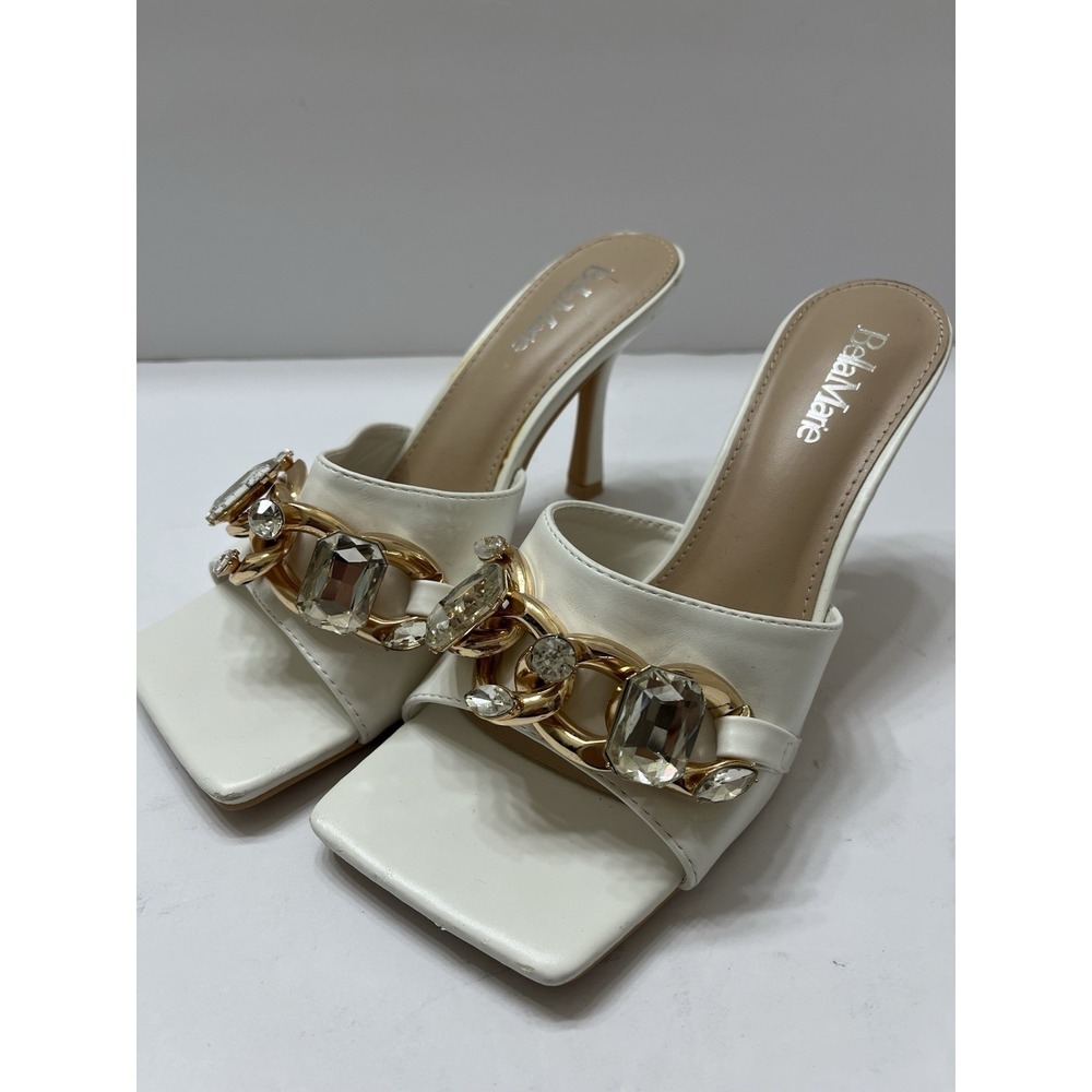 Bella Marie Slip-On Mules White Chunky Gold Tone Chain Rhinestones Women's 7.5
